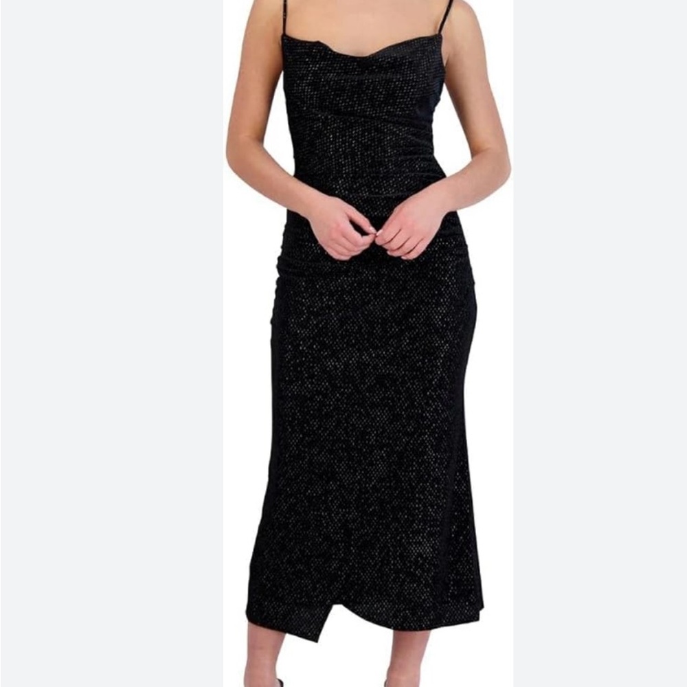 Laundry By Shelli‎ Segal Women’s Black Velvet Drape Neck Ruched Midi Dress Sz 0